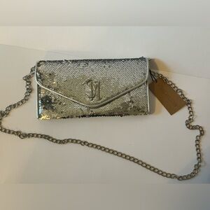NWT STEVE MADDEN Glam party Sequin Clutch Silver Shoulder Crossbody Bag‎